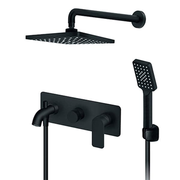 Uzidna baterija za tuš kadu ROSAN S2 BLACK sa izlivom, zidnim 210x210mm i ručnim tušem 231705B