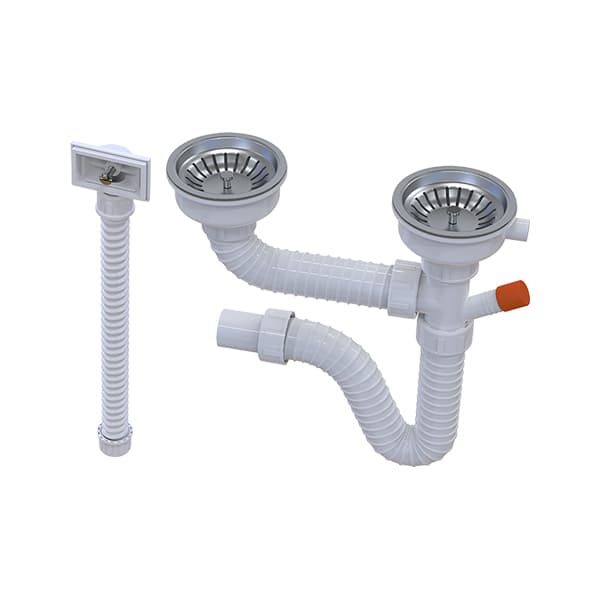 Sifon dvodelne sudopere ISAFLEX sa rešetkom 115 prelivom i priključkom 2178